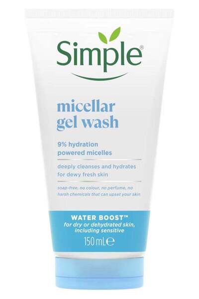 Simple Water Boost Micellar Facial Gel Wash with micellar cleansing bubbles, gently yet effectively cleanse your face, removing dirt and make-up. .