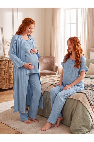 Lohusa Homewear New Season Indigo Muslin Fabric Buttoned Breastfeeding Compat...