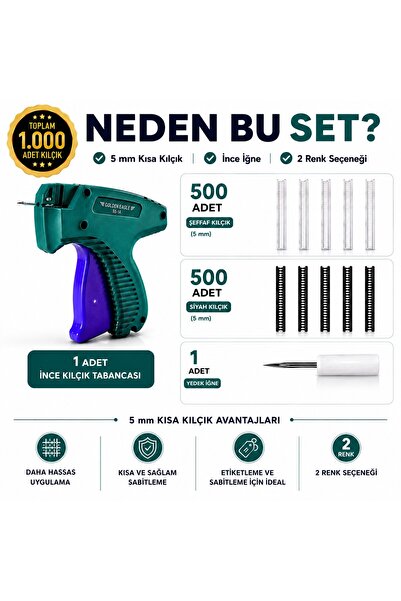 ALBERTOS İnce Kılçık Tabancası Seti 5 mm Yedek İğneli 500 Siyah 500 Şeffaf Toplam 1000 Adet Kılçık
