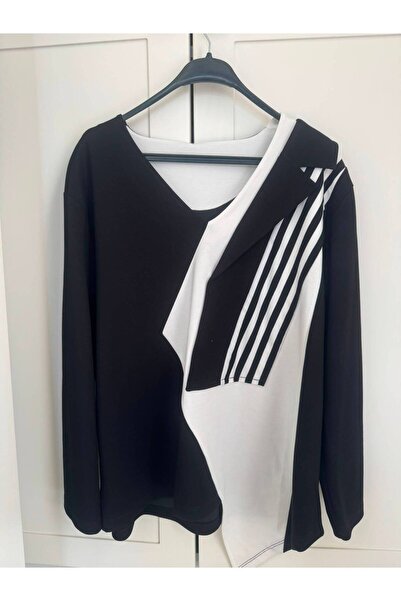 sajarsln Women's Plus Size Black and White Asymmetrical Cut Striped Oversize ...