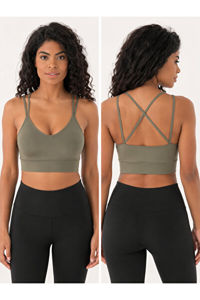 ARMAĞANİKA Women's V-Neck Double Straps Cross Back Sports Bustier Crop Top