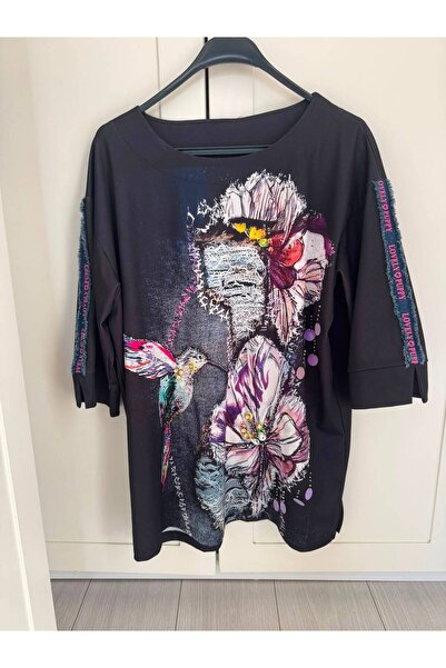 sajarsln Tricou supradimensionat, negru, cu imprimeu artistic floral și aplic...