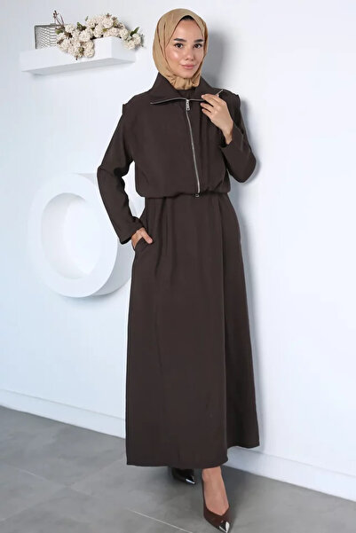 TOZLU Long Sleeve Dress with Elastic Waist and Zippered Vest, Islamic Clothin...