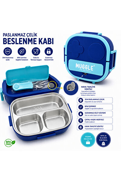 monthiron 304 Paslanmaz Çelik 3 Bölmeli Beslenme Kabı Muggle | Sızdırmaz Kili...