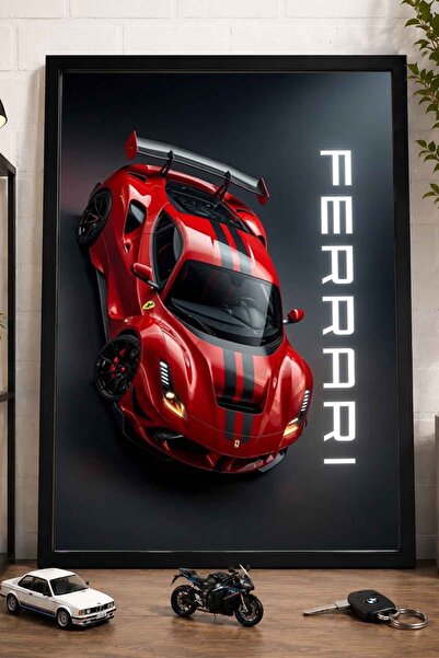 dudekohome Ferrari Yarış Arabası Poster Çerçeveli Tablo Kırmızı Spor Araba Du...