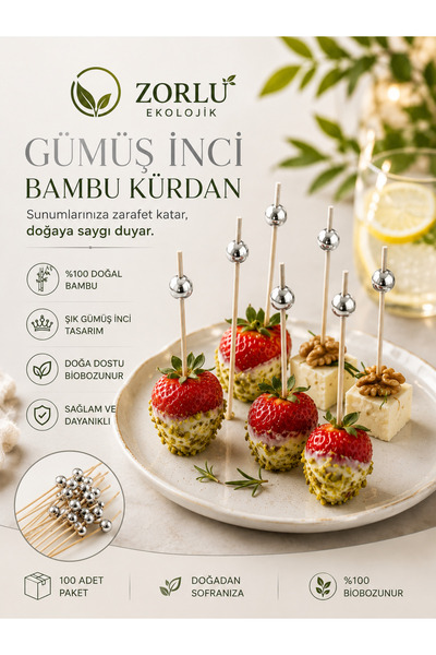 Zorlu Ekolojik Ürünler Bambu Gümüş inci Top Kürdan Yılbaşı 12mm - 50 Adet Par...