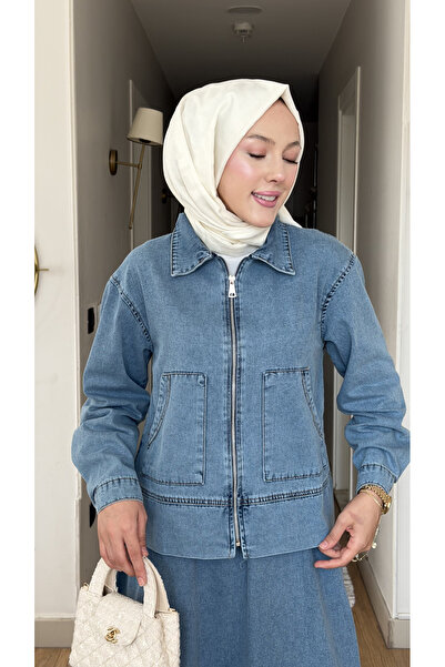 Colomer Women's Jeans Suit with Pockets, Zippered Jacket and Elastic Waist