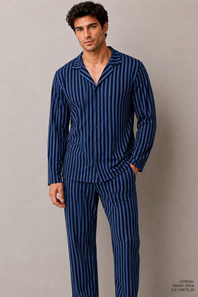 Koza soft Erkek Mavi Çizgili Gömlek Yaka Pamuklu Pijama Takımı