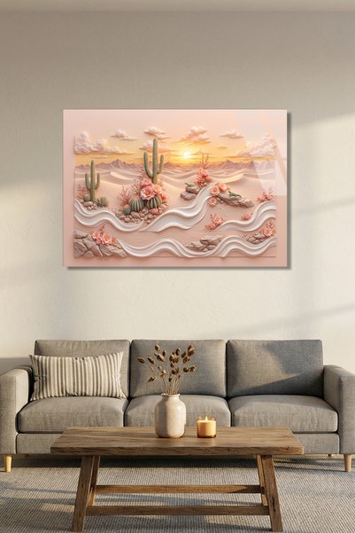 Vitraum Pastel Tonlarda Çöl, Kaktüs ve Kum Dalgaları Yatay Cam Tablo
