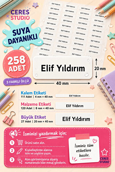 Ceres Studio Beyaz İsimli Kişiye Özel Suya Dayanıklı Okul Etiketi – 258 Adet İsimli Çıkartma