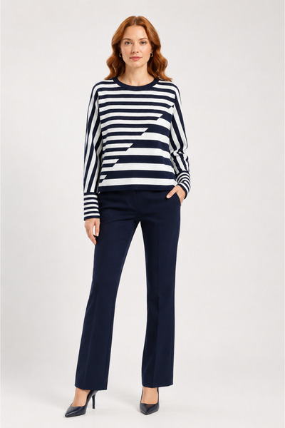 Neden Tekstil Women's Navy Blue White Striped Long Sleeve Knit Sweater
