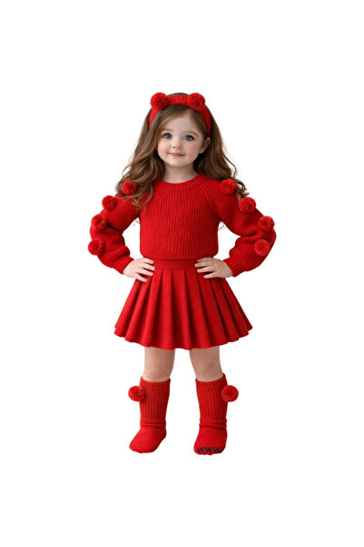 CUBBUX Girl's Winter Pompom Skirt & Sweater Set, Set of 4