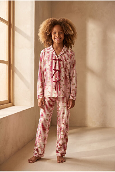 Katia&Bony Girl's Bowknot Teddy Bear Patterned Plaid Pajama Set