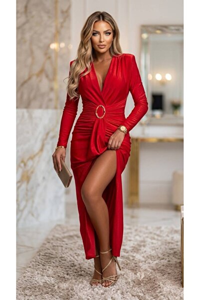 styleFlex Μακρύ φόρεμα από ελαστική Λύκρα με ντραπέ λεπτομέρεια και διακοσμητ...