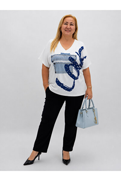 LA VELINA Plus Size V-Neck Denim Applique Stone Embroidered Printed Women's B...