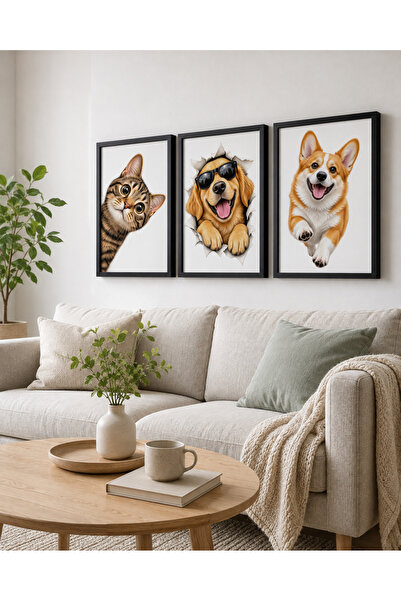 NO&PİX DESİNG Kedi Köpek Temalı 3’lü A4 Siyah Çerçeveli Dekoratif Tablo Seti