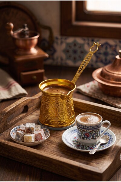 Mijja 200 ml Traditional Embossed Cast Steel Induction Compatible Turkish Coffee Pot for 3-4 People