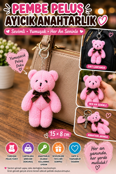 OpenCity 1 Adet Pembe Peluş Ayıcık Anahtarlık 15x8 cm Çanta Sırt Çantası Anah...