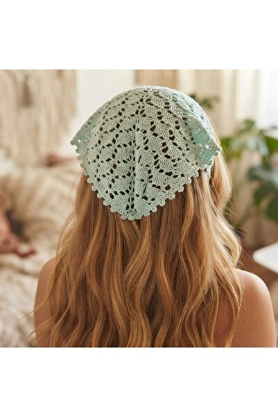 NOİR & GOLD Hand Knitted Leaf Motif Mint Green Bandana - Crocheted Stylish Ha...