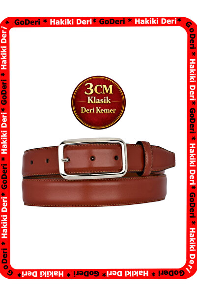 GoDeri Genuine Leather, 3 cm Silver Color Rectangular Buckle, Red Brown, Stit...