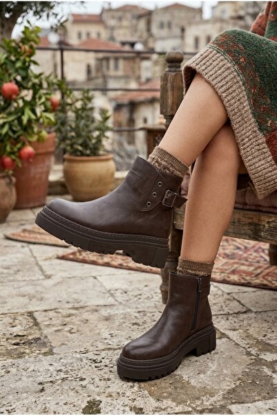 NOVELLAM SHOES Robin Kahve Cilt Dikişli Kaydırmaz Düz Taban Bot