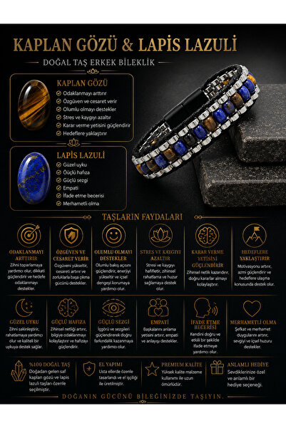 YILDIZ DOĞAL TAŞ Sertifikalı Kaplan Gözü - Lapis Lazuli Hematit Arpa Kesim Ki...