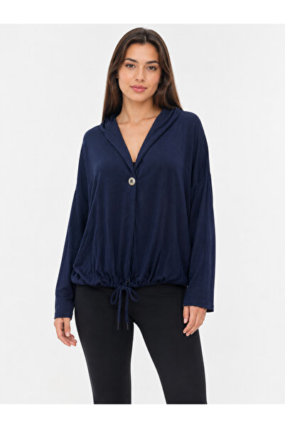 Neden Tekstil Women's Comfortable Cut Hooded Navy Blue Cardigan