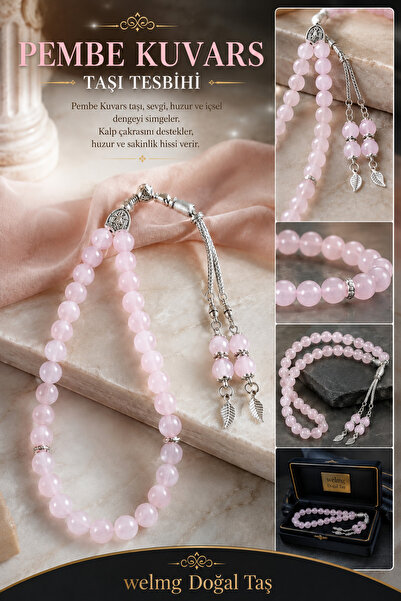 welmg Pink Quartz Stone Prayer Beads 33-Piece Men's Prayer Beads