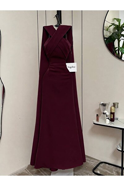 Angelinaa Elegant Long Dress in Dark Burgundy Color