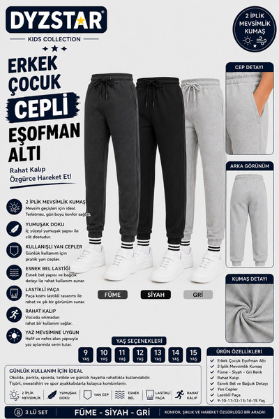 DYZSTAR Set de 3 pantaloni de trening pentru copii, negru fumuriu, gri, cu 2 ...
