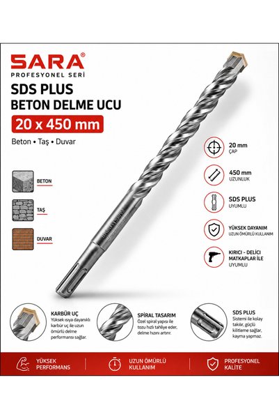 SARA S747 Sds Plus Küçük Hiltilere Uyumlu Beton Kaya Duvar Taş Delme 20x450 m...