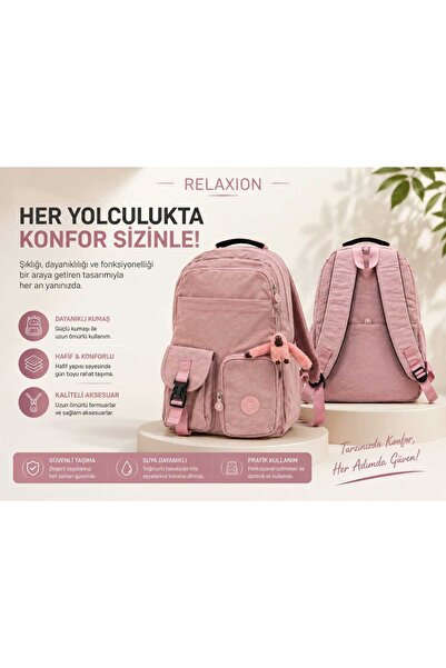 Relaxion 1635 Çok Bölmeli Krinkıl Sırt Çantası – Fermuarlı Cepli, Hafif ve Gü...