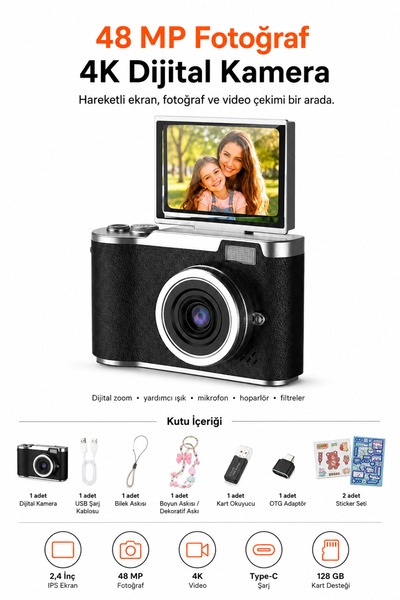 Ayers Premium 48 MP 4K Dijital Fotoğraf Makinesi, 2.4 İnç Döndürülebilir IPS ...