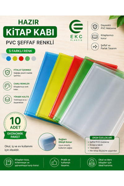 EKC Plastik Hazır Kitap Kabı 10 Adet – Şeffaf Renkli PVC Kitap Defter Koruyuc...