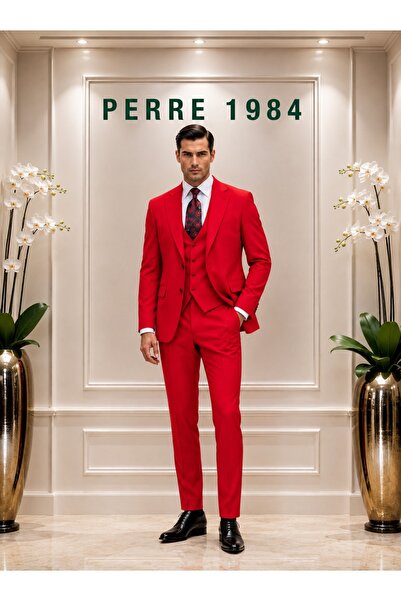 PERRE 1984 Erkek Slim Fit 3'lü Takım Elbise – Ceket, Yelek ve Pantolon – Likr...