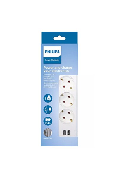 Philips Prelungitor Shucko cu 3 prize, întrerupător bipolar, lungime 2 m, 2 x...