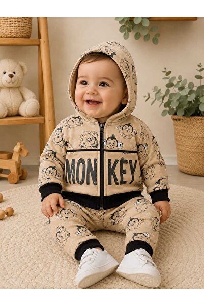 krm kerem bebe Erkek Bebek Monkey Desenli Kapüşonlu Fermuarlı Ceketli 3'lü Mevsimlik Pamuklu Takım