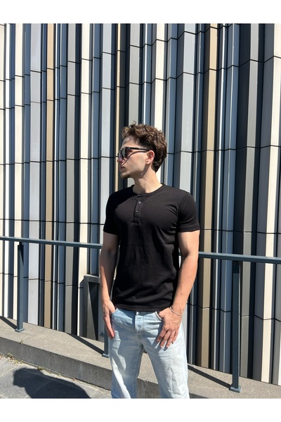 Restina Store Henley Yaka Tişört Siyah | Modal Kumaş Likralı Erkek Tişört