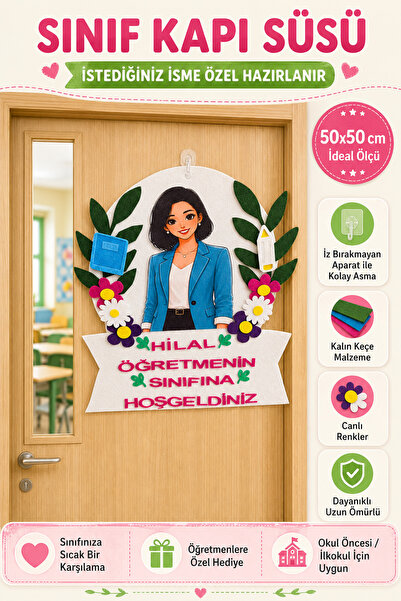 Aydede Oyunevi İsme Özel Sınıf Kapı Süsü Keçe Kadın Öğretmen 50x50 cm Okul Ön...