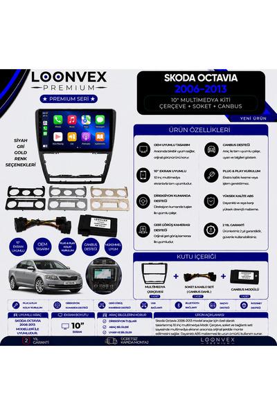 LOONVEX Premium Skoda Octavia 2006-2013 10 İnç Multimedya Çerçeve + Soket + C...