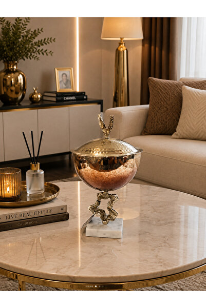 Hinora Home Pirinç Kapaklı Dekoratif Kase – Mermer Kaideli Şık Salon Objesi 3...