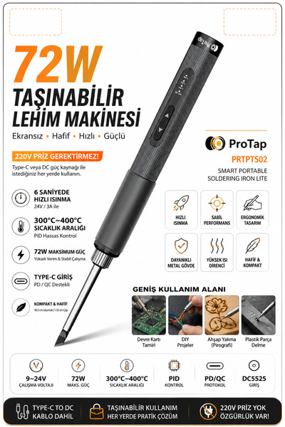 NP ProTap Lite 72W Taşınabilir Lehim Makinesi 300-400°C PID Isı Kontrollü Typ...