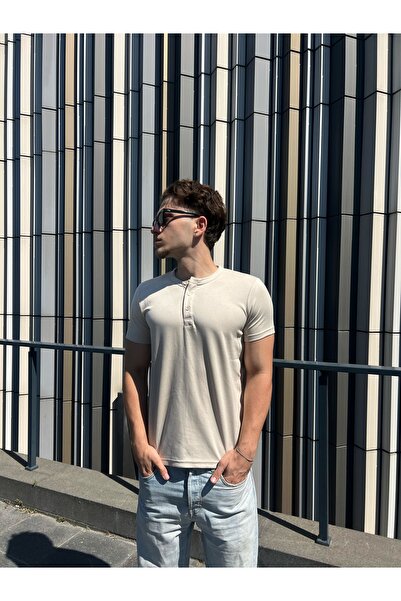 Restina Store Henley Yaka Tişört Bej | Modal Kumaş Likralı Erkek Tişört
