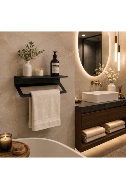 MavenHause Premium Mat Siyah Duvar Rafı ve Havluluk – Çok Amaçlı Banyo & Mutf...