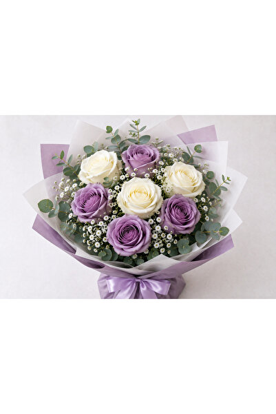 Crescent Flowers 3White 4Purple Roses Bouquet