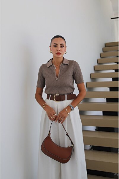 Havoş Mink Zippered Polo Collar Knitwear Blouse