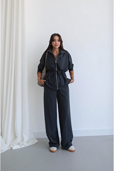 Havoş Anthracite Zippered Waist-Tie Jacket and Trousers Set