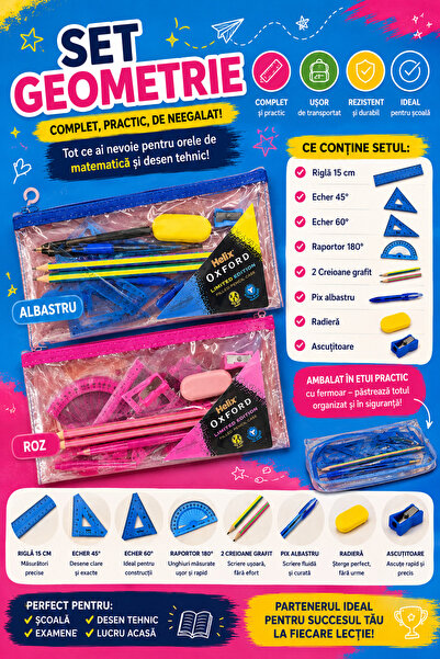 Generic Brand School Geometry Set 8 Pieces, Ruler, 2 Squares, Protractor, 2 P...