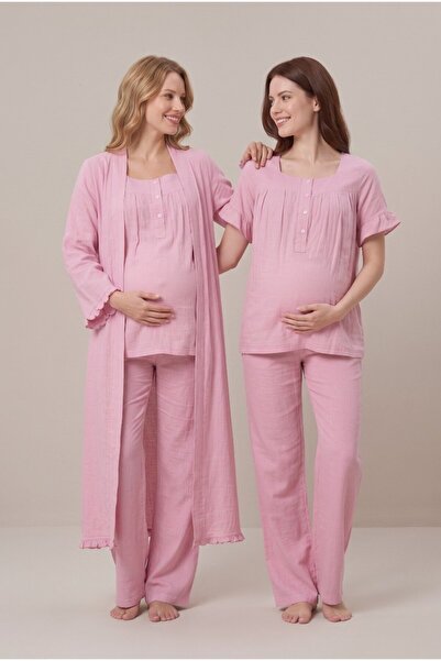 LOHOUSE Women's Powder Muslin Fabric Short Sleeve Maternity Pajama Set with a...