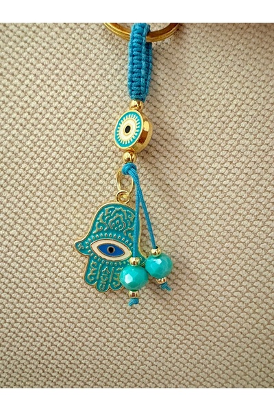 Azrua Turquoise Fatima's Hand Metal Keychain, Luck Keychain, Metal Evil Eye Macrame Keychain Bag Accessory